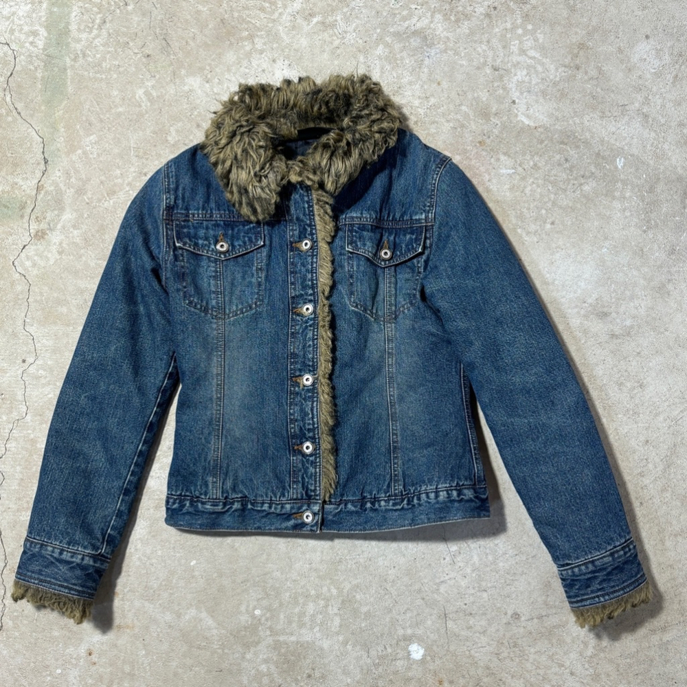 Vintage Xntrik Denim Jean Jacket Women’s Small Blue Faux Fur Trim Trucker Russia